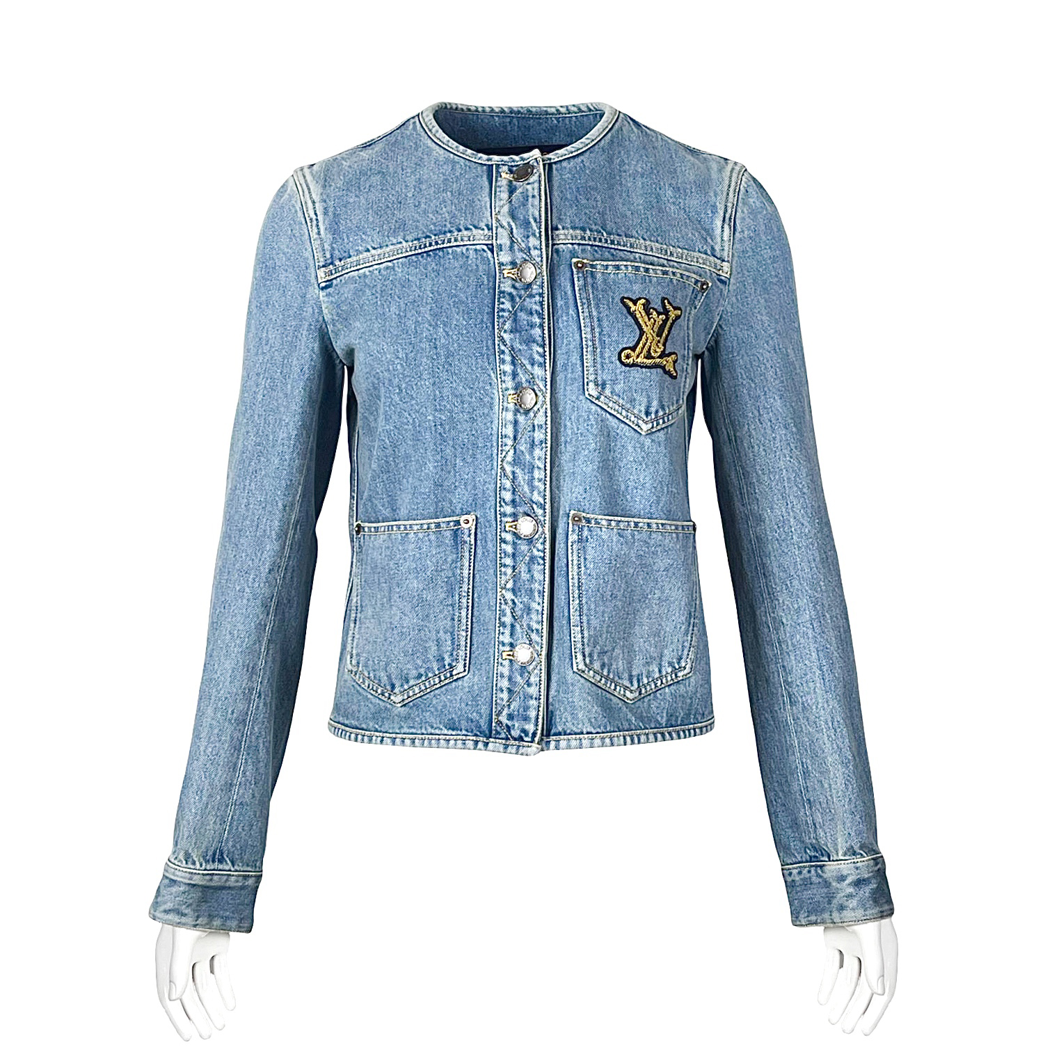 Louis Vuitton Blue Logo Embroidered Fitted Denim Jacket 38 - LOUIS