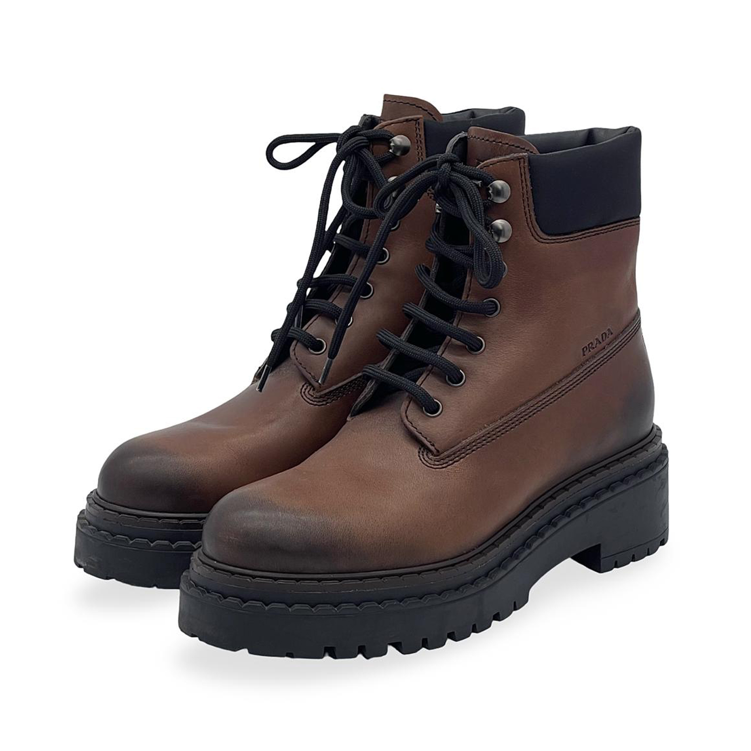 Prada Brown Leather Black Re-Nylon Work Boots 36.5 - PRADA