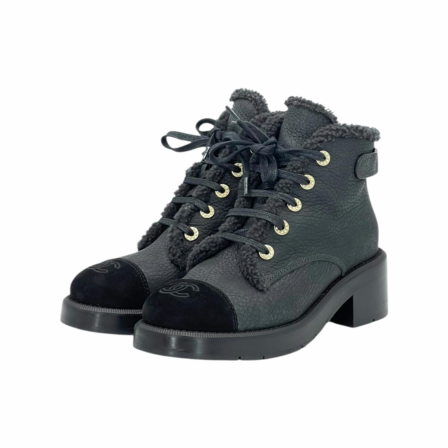 Chanel Grey Black Leather Suede Cap Toe CC Logo Ankle Boots