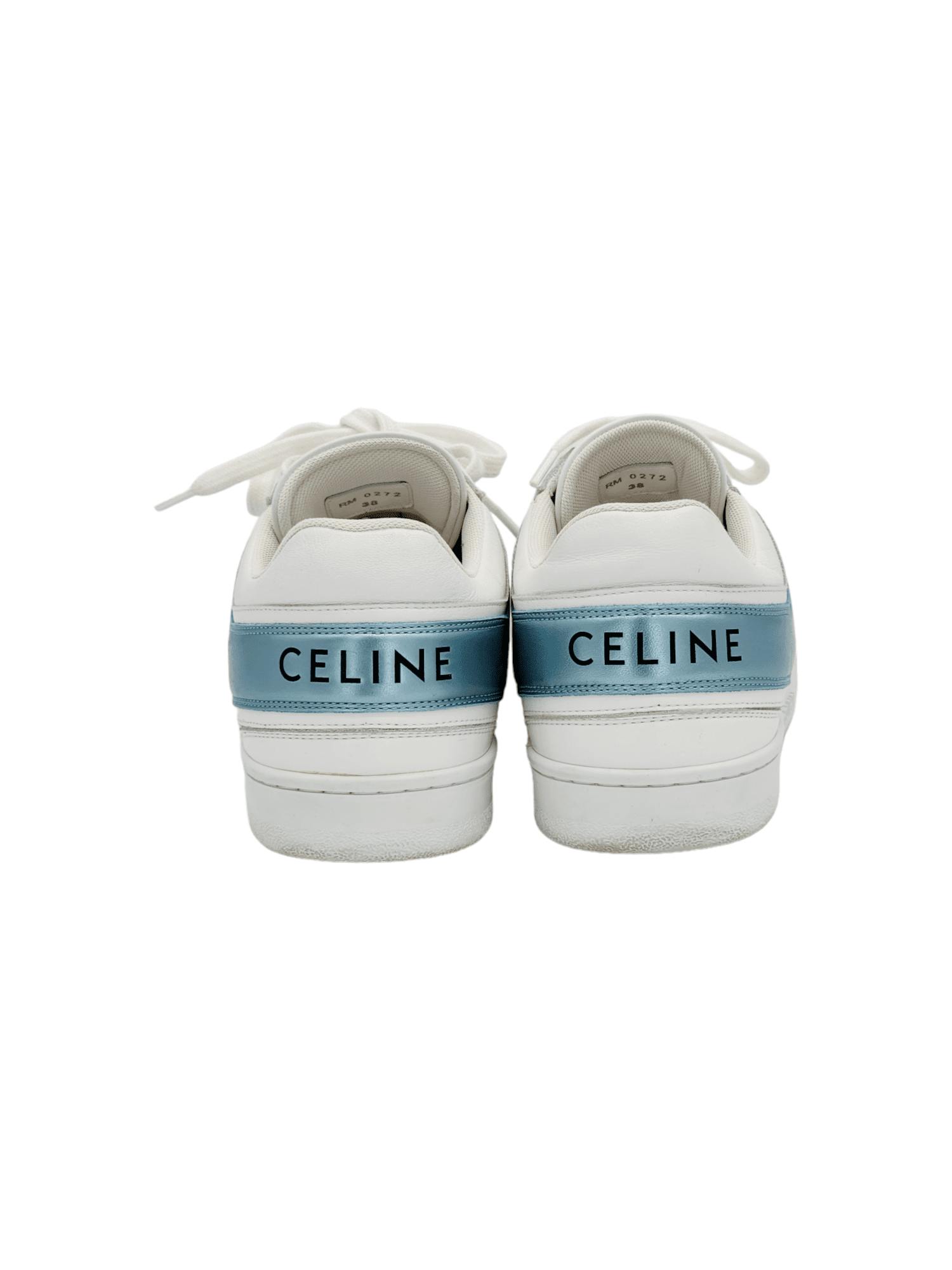 Celine White Light Blue Leather Lace Up Low Top Sneakers 38
