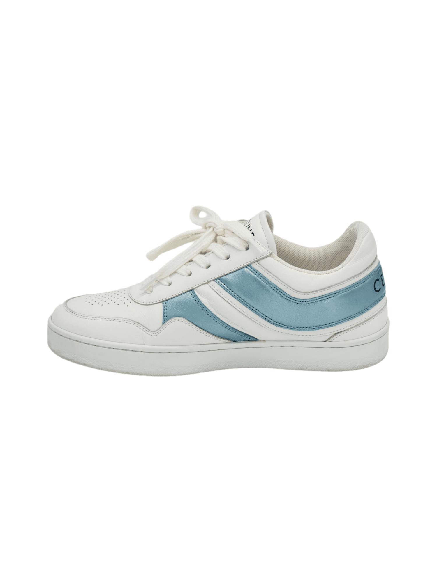Celine White Light Blue Leather Lace Up Low Top Sneakers 38