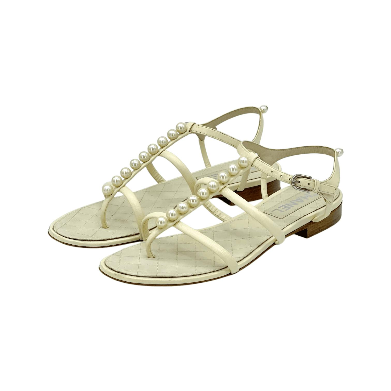 Chanel Beige Pearl Flat Leather Sandals 38