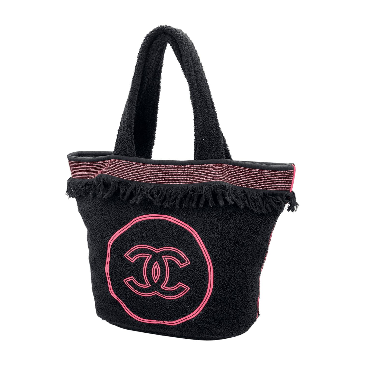 Chanel Black Neon Pink CC Logo Terry Cloth Beach Tote Bag