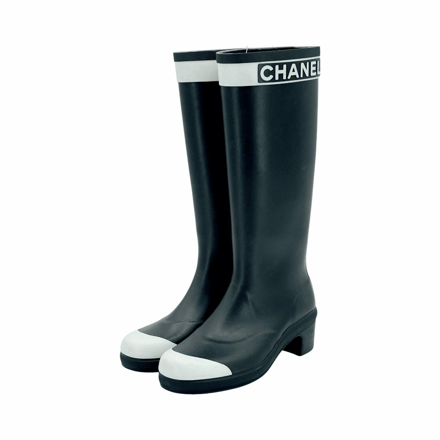 Chanel Black White Rubber Rain Boots 39 (Pre‑Owned)
