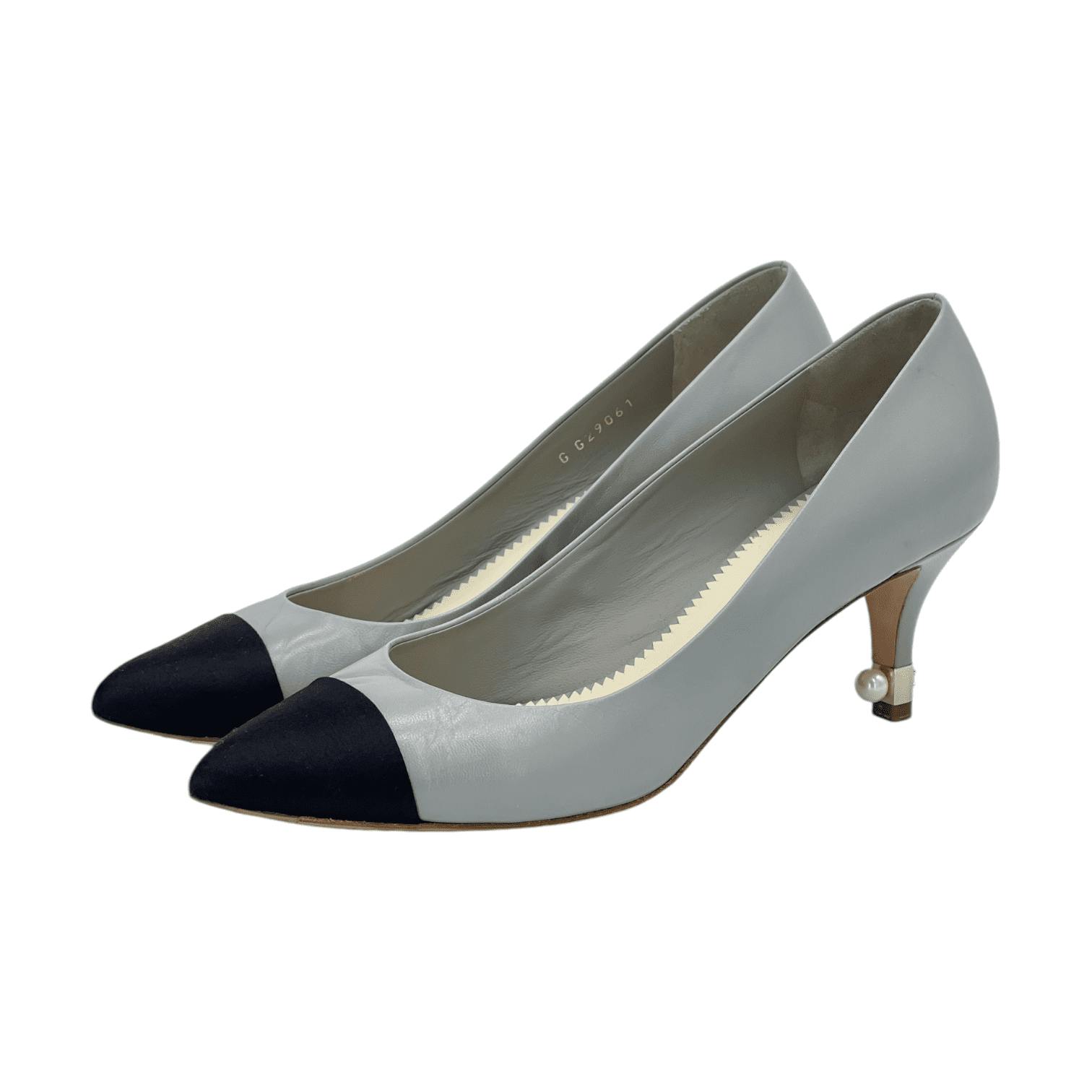 Chanel Grey Goatskin Cap Toe Pearl Heel Pumps (Pre‑Owned)