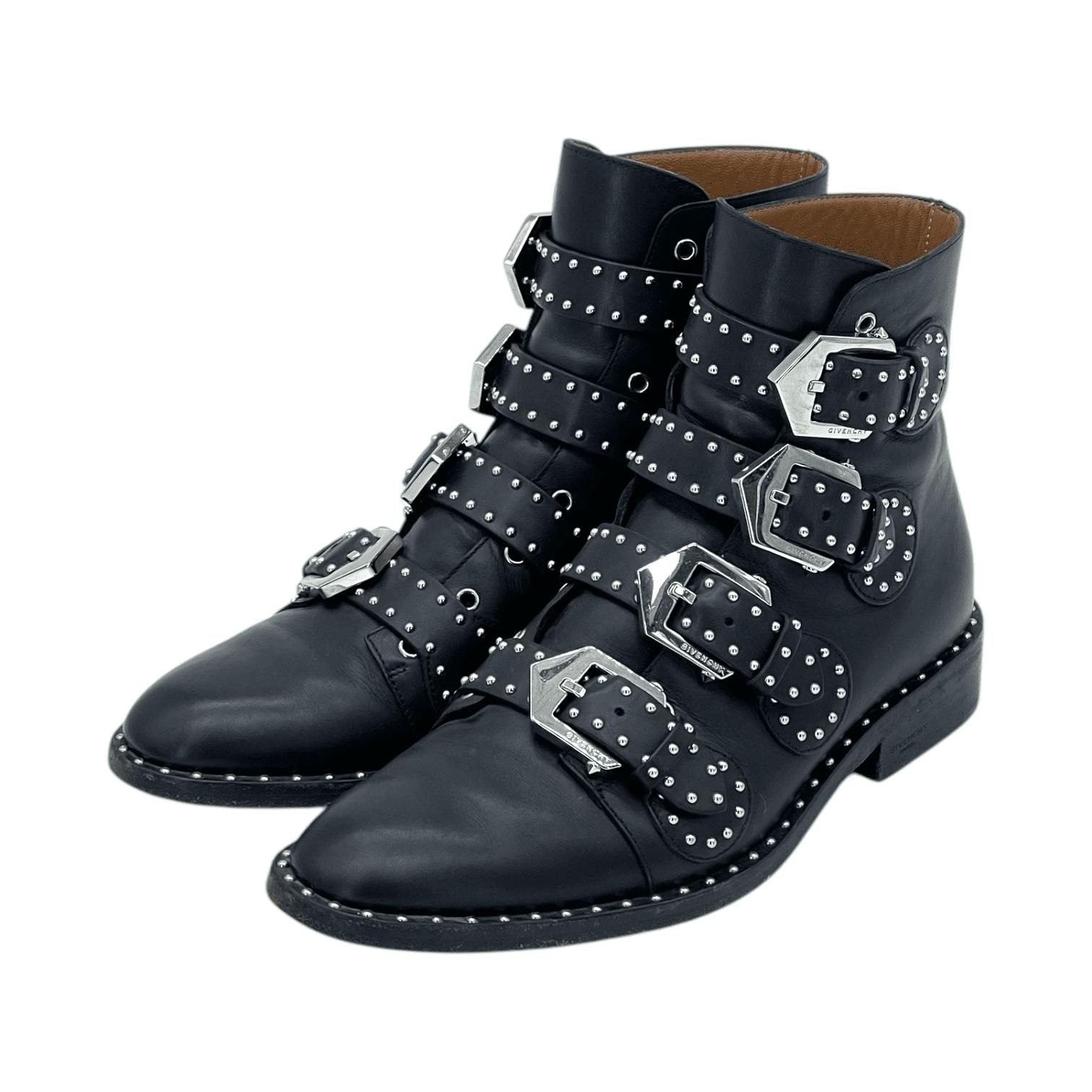 Givenchy Black Leather Studded Buckle Ankle Boots 37
