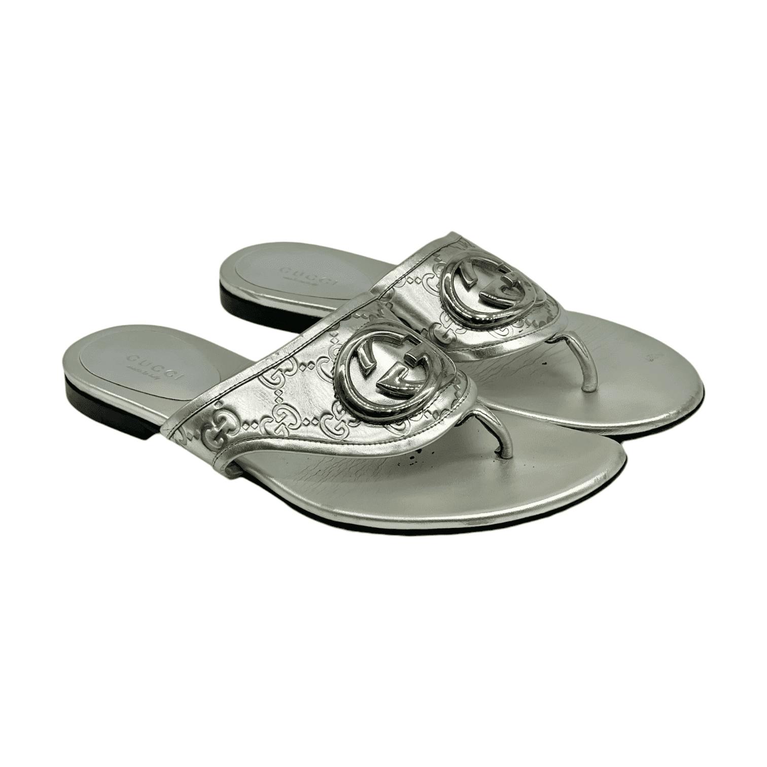 Gucci Silver Leather GG Thong Sandals 37C