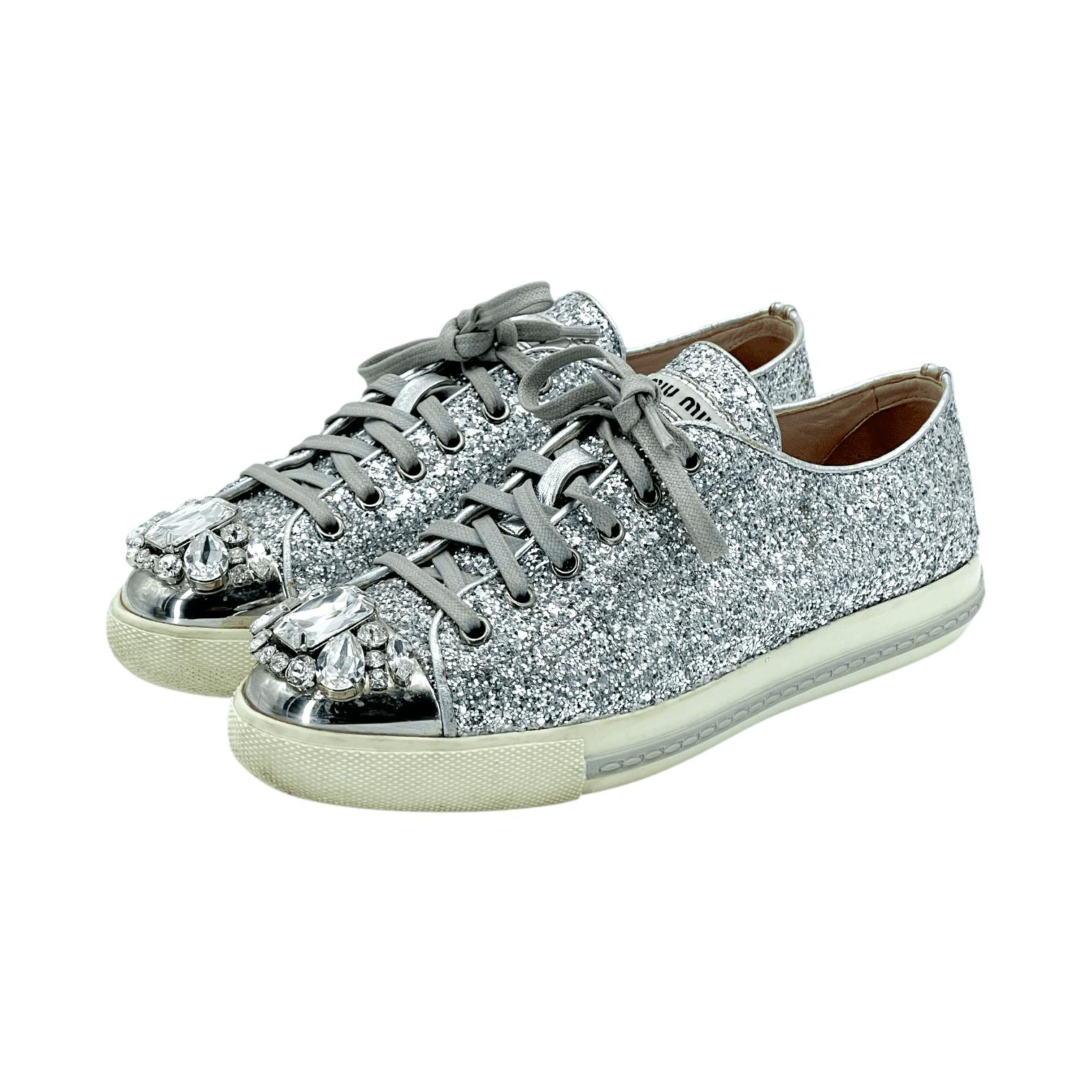 Miu Miu Silver Glitter Crystal Embellished (Pre‑Owned)