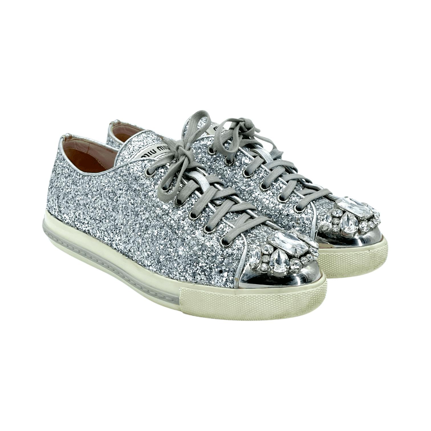 Miu Miu Silver Glitter Crystal Embellished (Pre‑Owned)