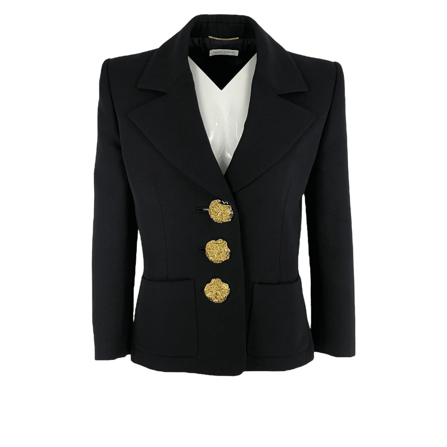 Saint Laurent Black Wool Double Breasted Gold Button Suit Jacket 40