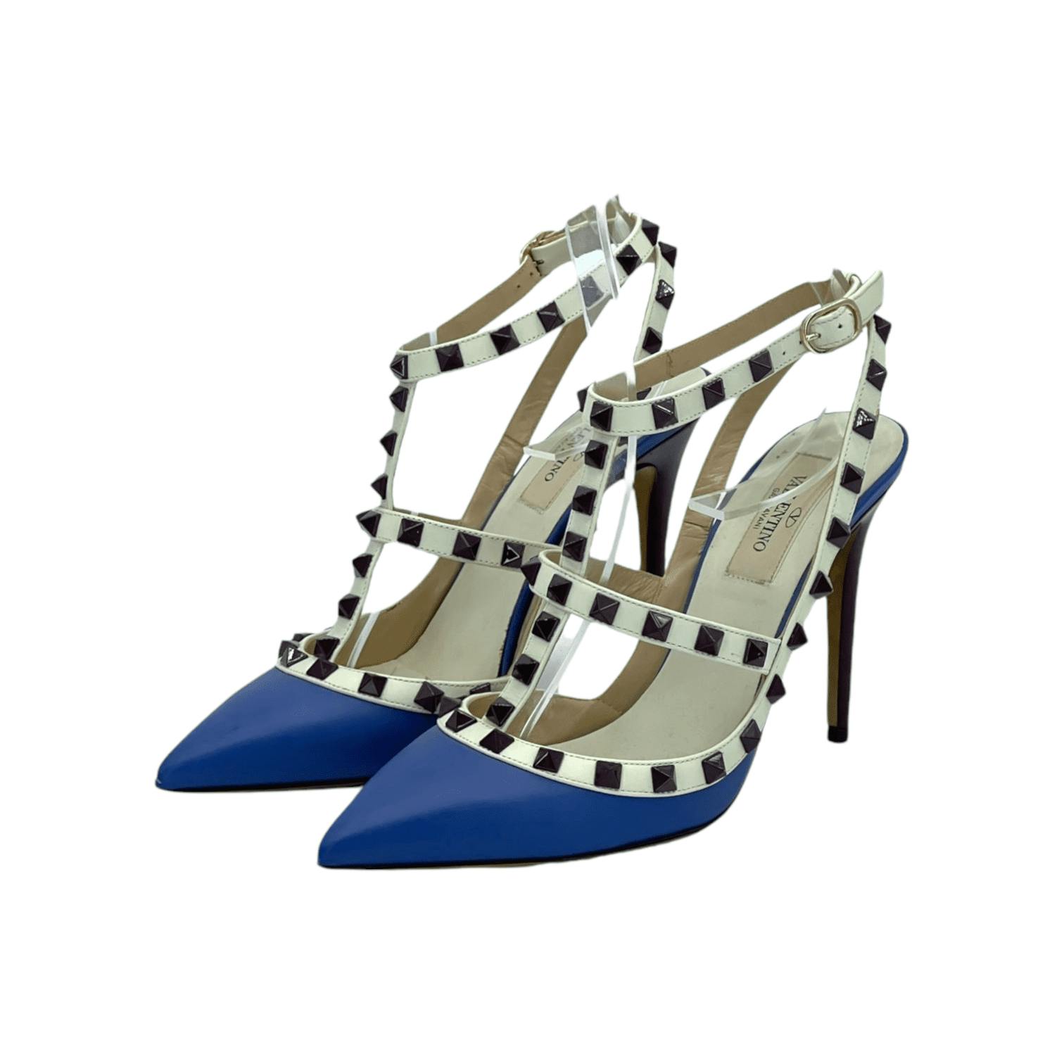 Valentino Navy Blue White Leather Rockstud Ankle Strap Pumps 37
