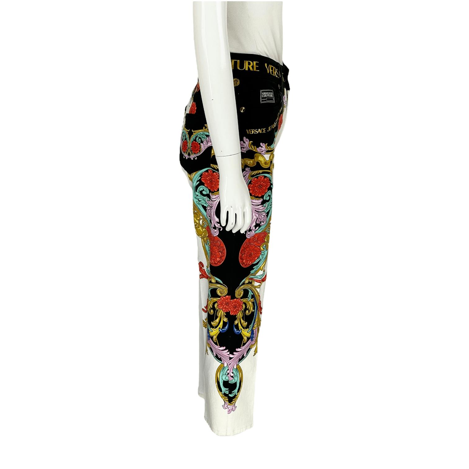 Versace Jeans Couture White Multicolor Cotton Logo Waistband Baroque  Pattern Print Trousers IT38